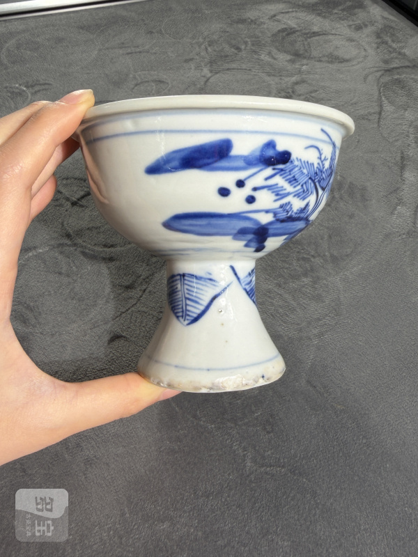 清晚期青花山水纹高足杯 - 图2